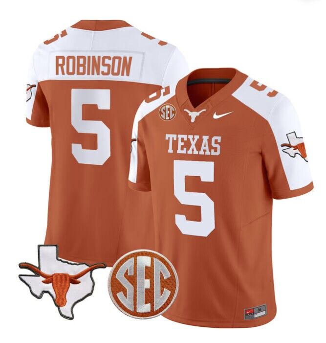 Men's Texas Longhorns #5 Bijan Robinson Orange F.U.S.E. State Map & SEC Patch Stitched Jersey